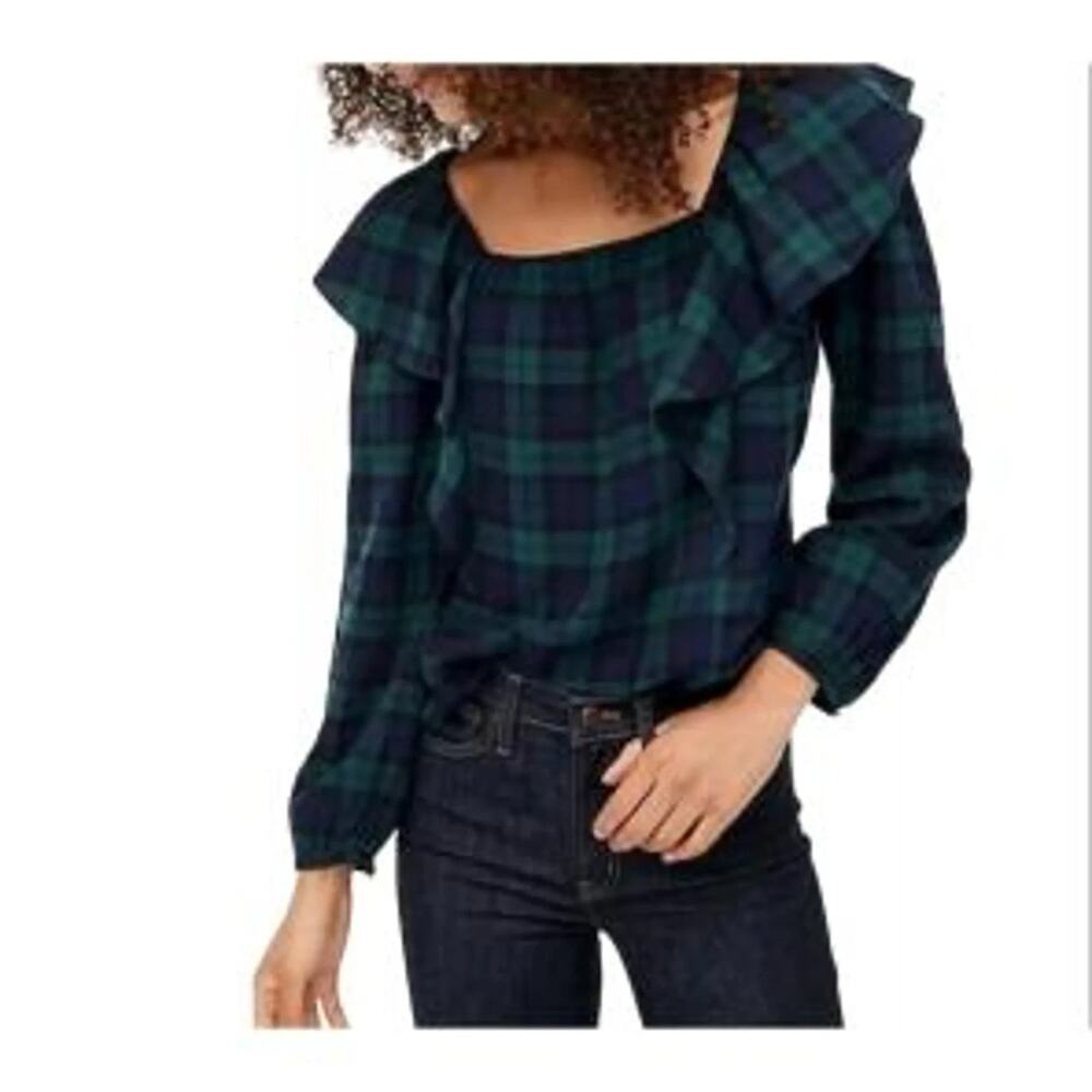 NEW J Crew Plaid Ruffle Shoulder Long Sleeve Peasant Blouse Size Medium
